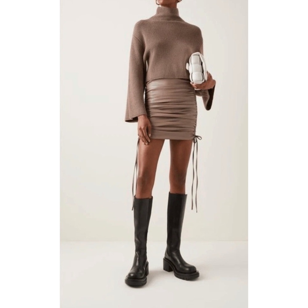 Lapointe Womens‎ Taupe Faux Leather Ruched Mini Skirt Adjustable Side Drawstring